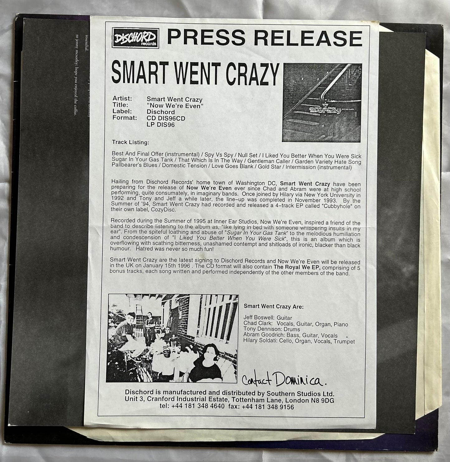 Smart Went Crazy - 'Now We're Even' LP 1996 Dischord Records